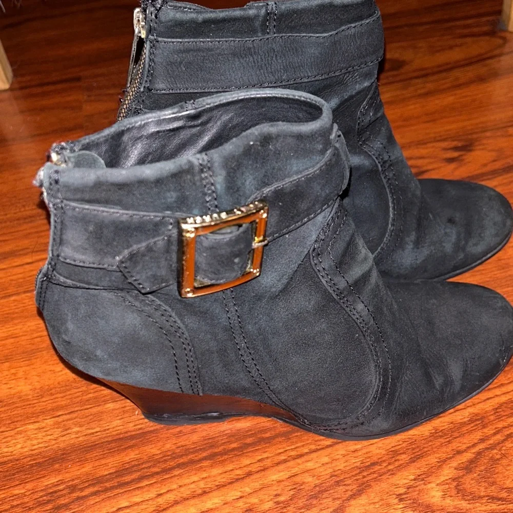 Tory Burch Deanna Black Suede Ankle Booties with Gold Buckle Sz 9 1/2